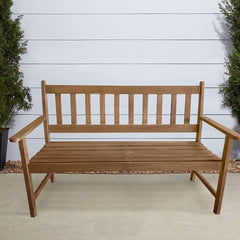 FDW acacia bench angled profile displaying slatted back and ergonomic design benefit comfort