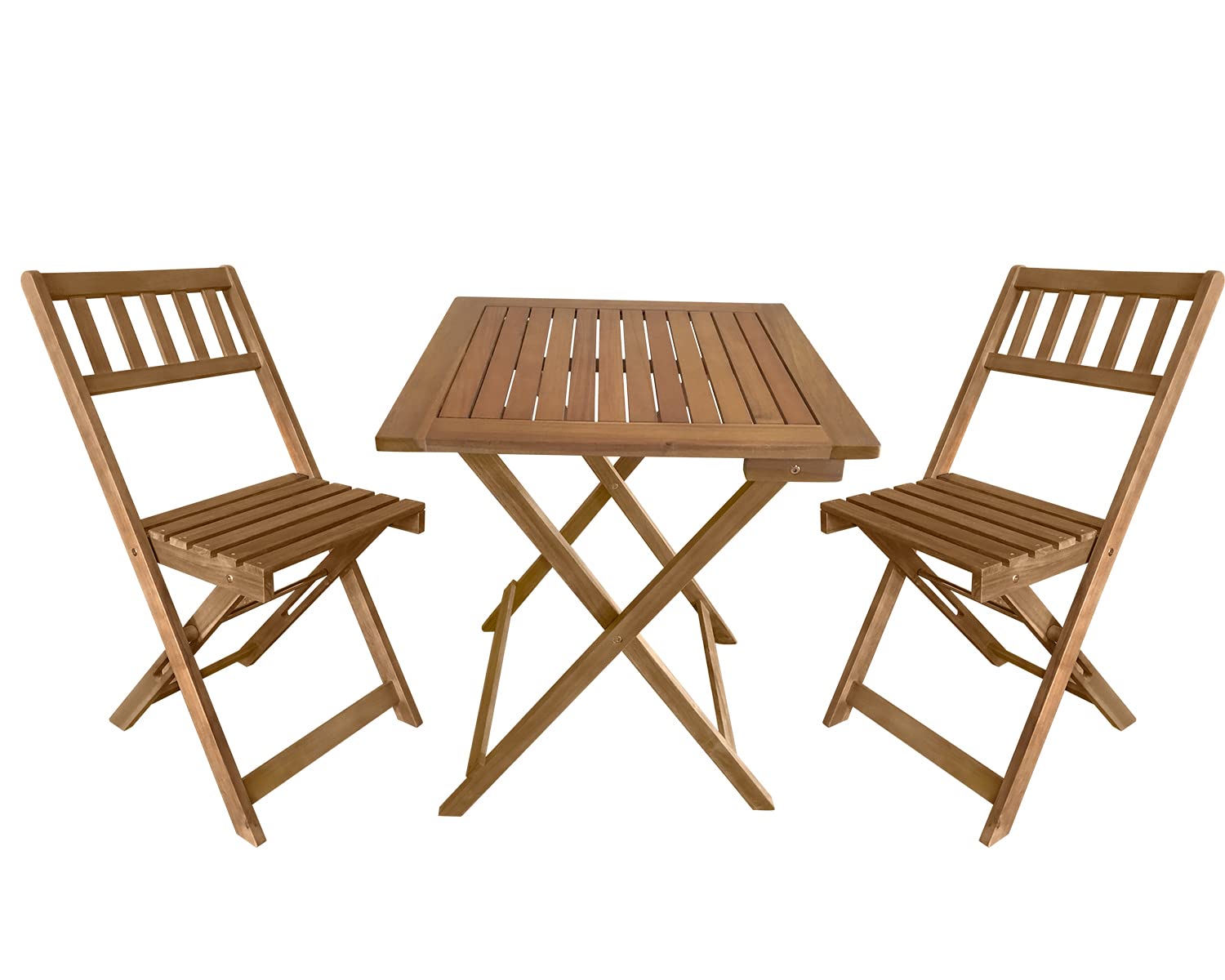 FDW front view of bistro set showing natural acacia wood — warm outdoor seating