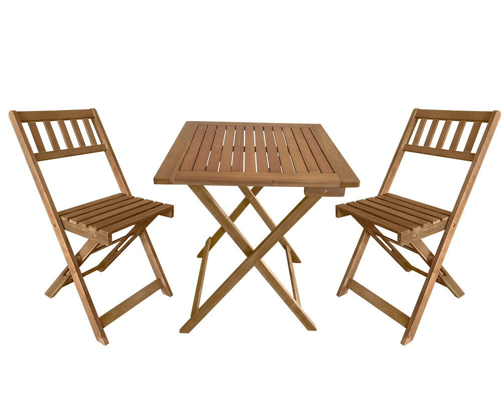 FDW front view of bistro set showing natural acacia wood — warm outdoor seating