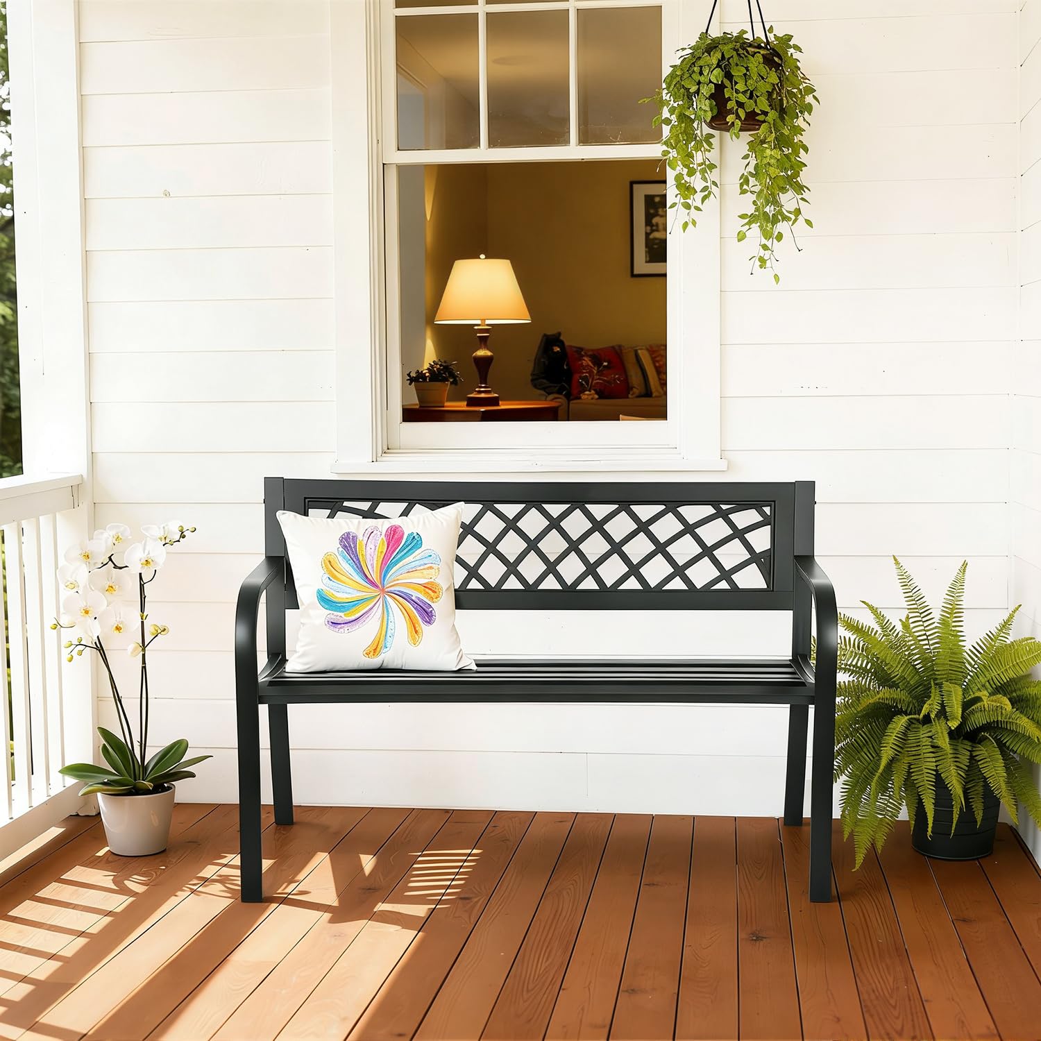 FDW bench close-up of grid backrest highlighting decorative comfort