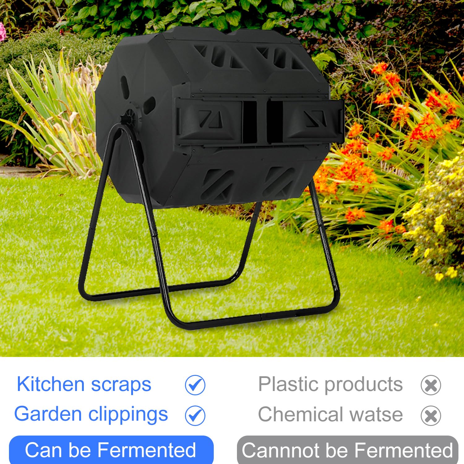 FDW compost bin in a backyard garden demonstrating tidy outdoor composting and convenience