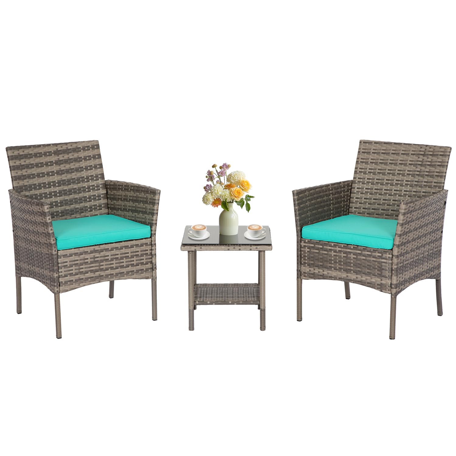 FDW front view of the gray wicker bistro set showing compact layout and cozy appeal