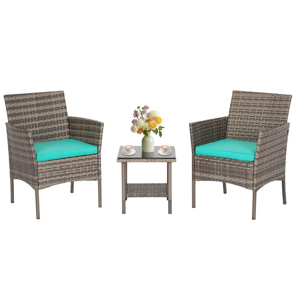 FDW front view of the gray wicker bistro set showing compact layout and cozy appeal