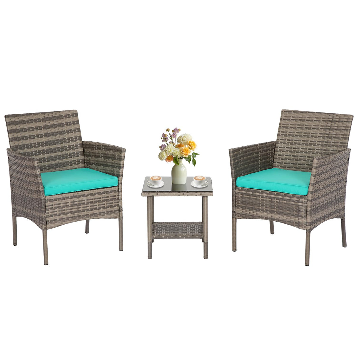 FDW front view of the gray wicker bistro set showing compact layout and cozy appeal