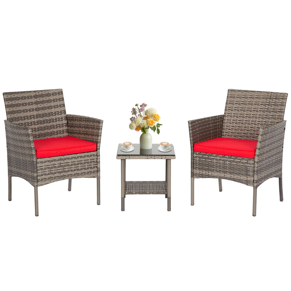 FDW front view of gray wicker bistro set showing compact style and comfort