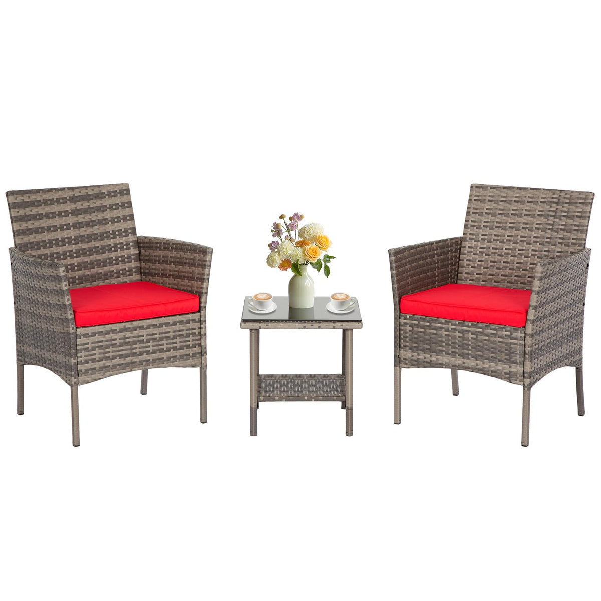 FDW front view of gray wicker bistro set showing compact style and comfort