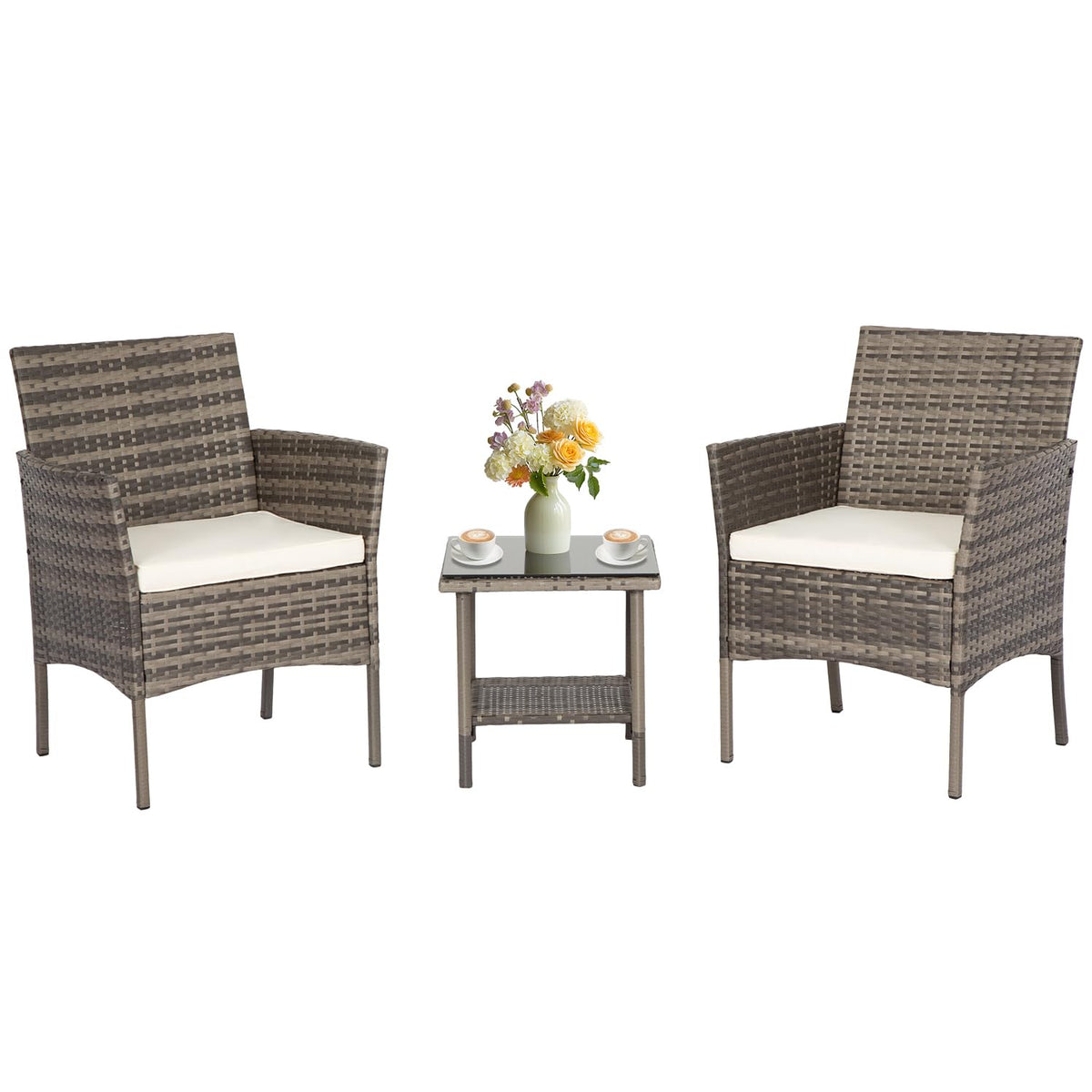 FDW front view of gray wicker bistro set showing compact design and comfort