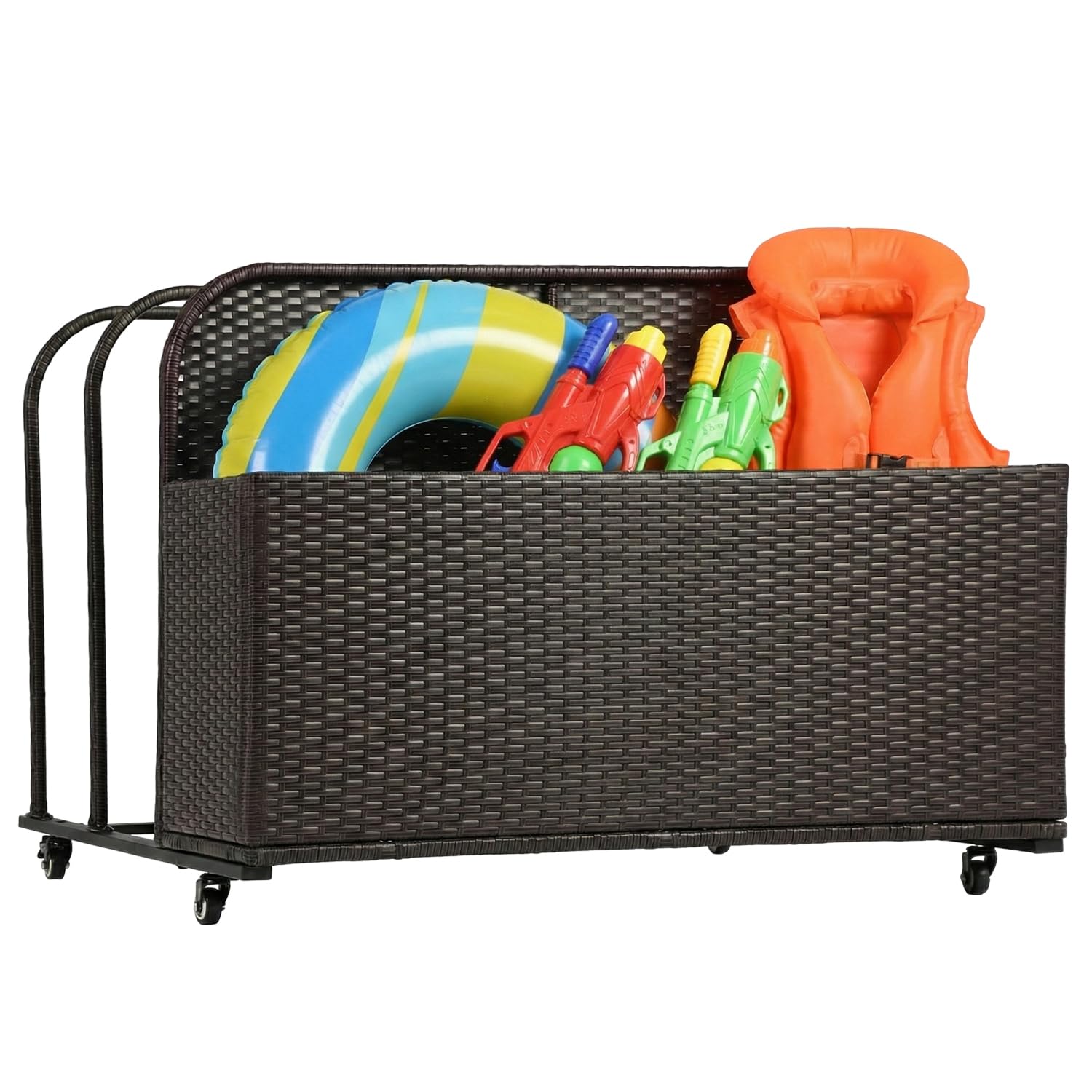 FDW front view of pool storage basket shows tidy floats and accessibility