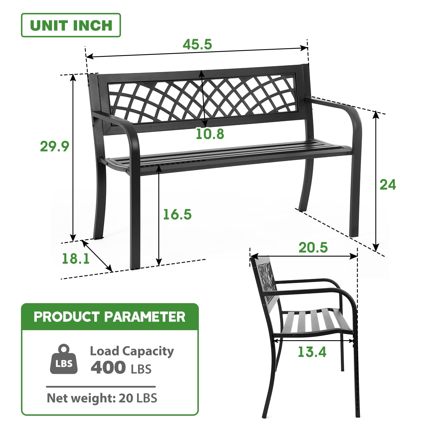 FDW garden bench hardware and parts laid out to show included accessories for quick assembly