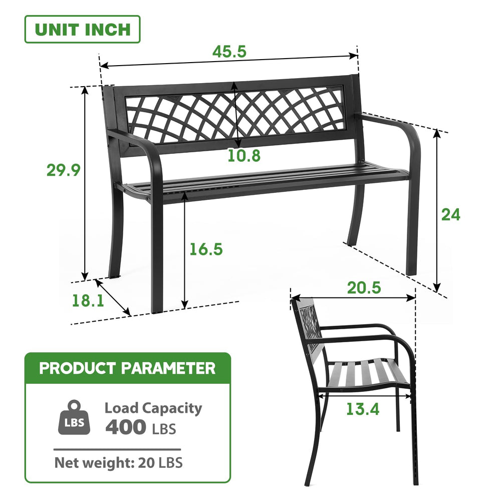 FDW garden bench hardware and parts laid out to show included accessories for quick assembly