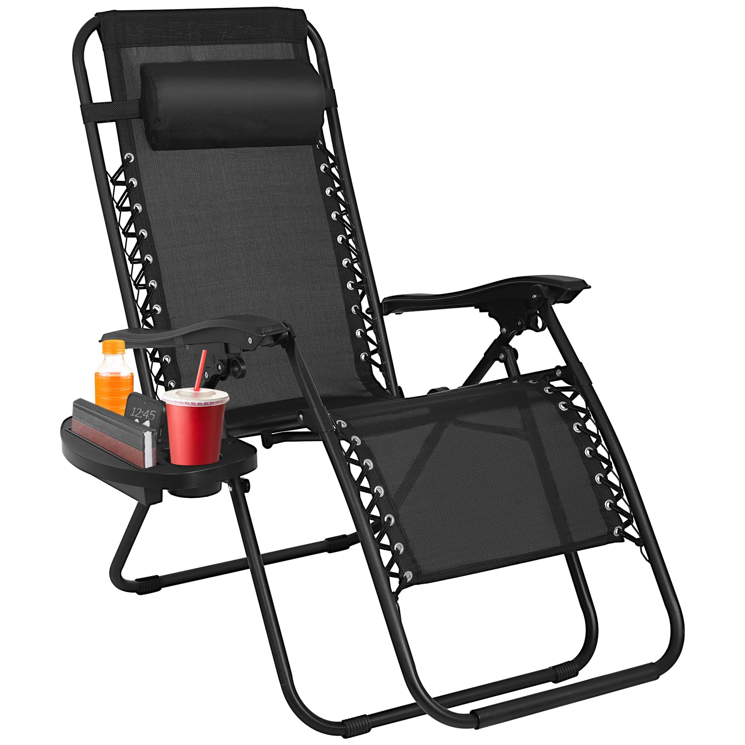 FDW front view of foldable zero gravity chair showing sturdy frame and black fabric for comfortable support