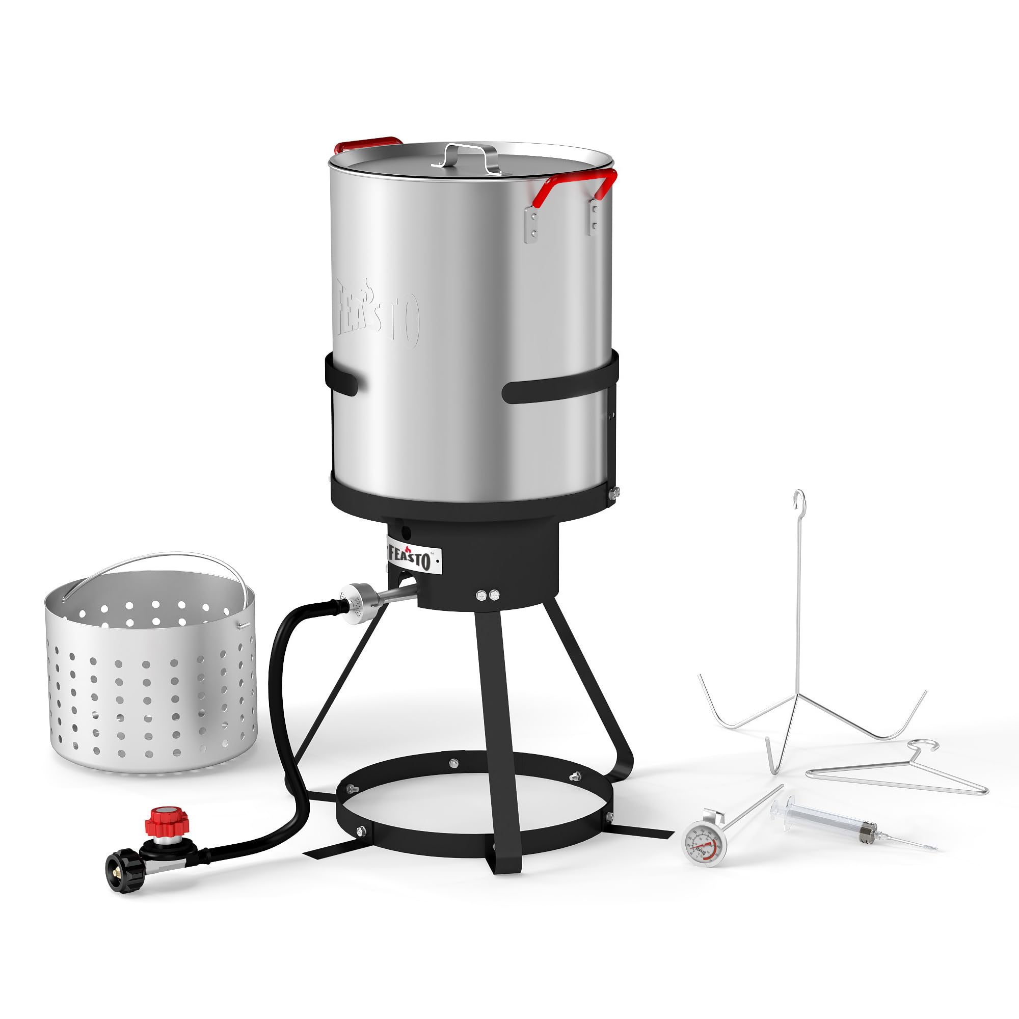 Feasto front view of 30 QT fryer kit showing pot and basket, clear setup benefit