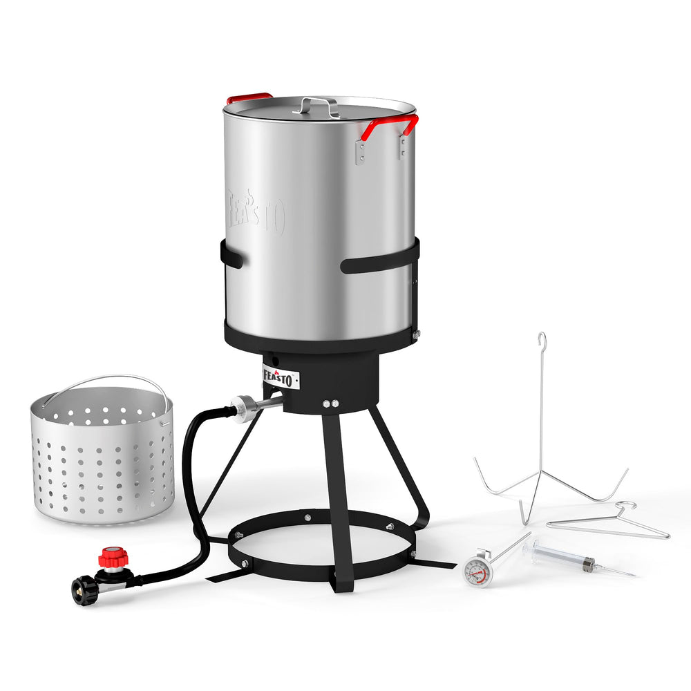 Feasto front view of 30 QT fryer kit showing pot and basket, clear setup benefit