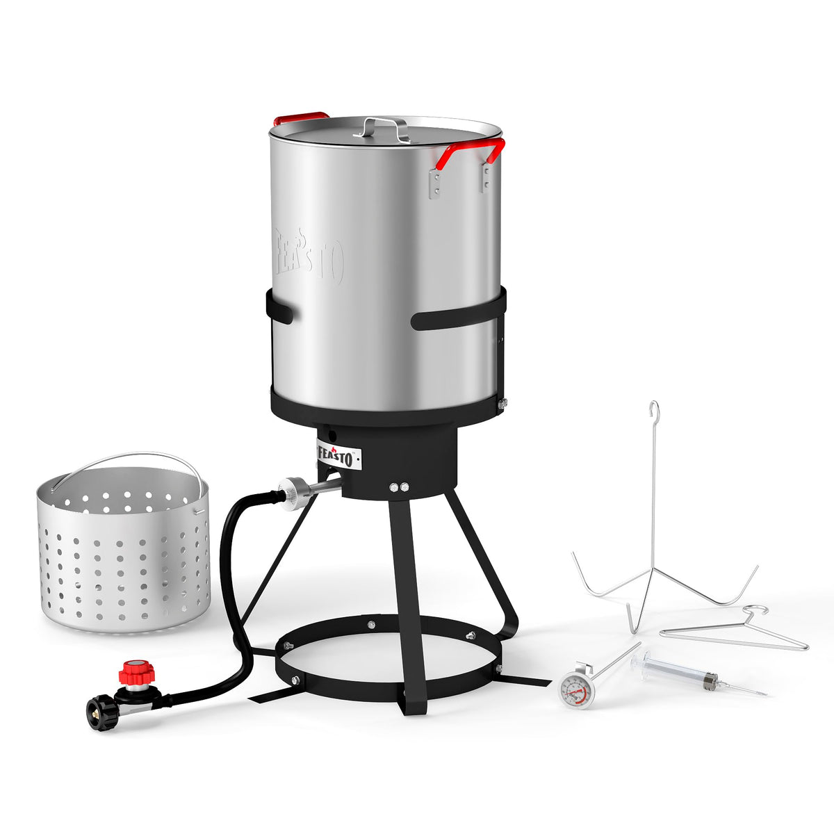 Feasto front view of 30 QT fryer kit showing pot and basket, clear setup benefit