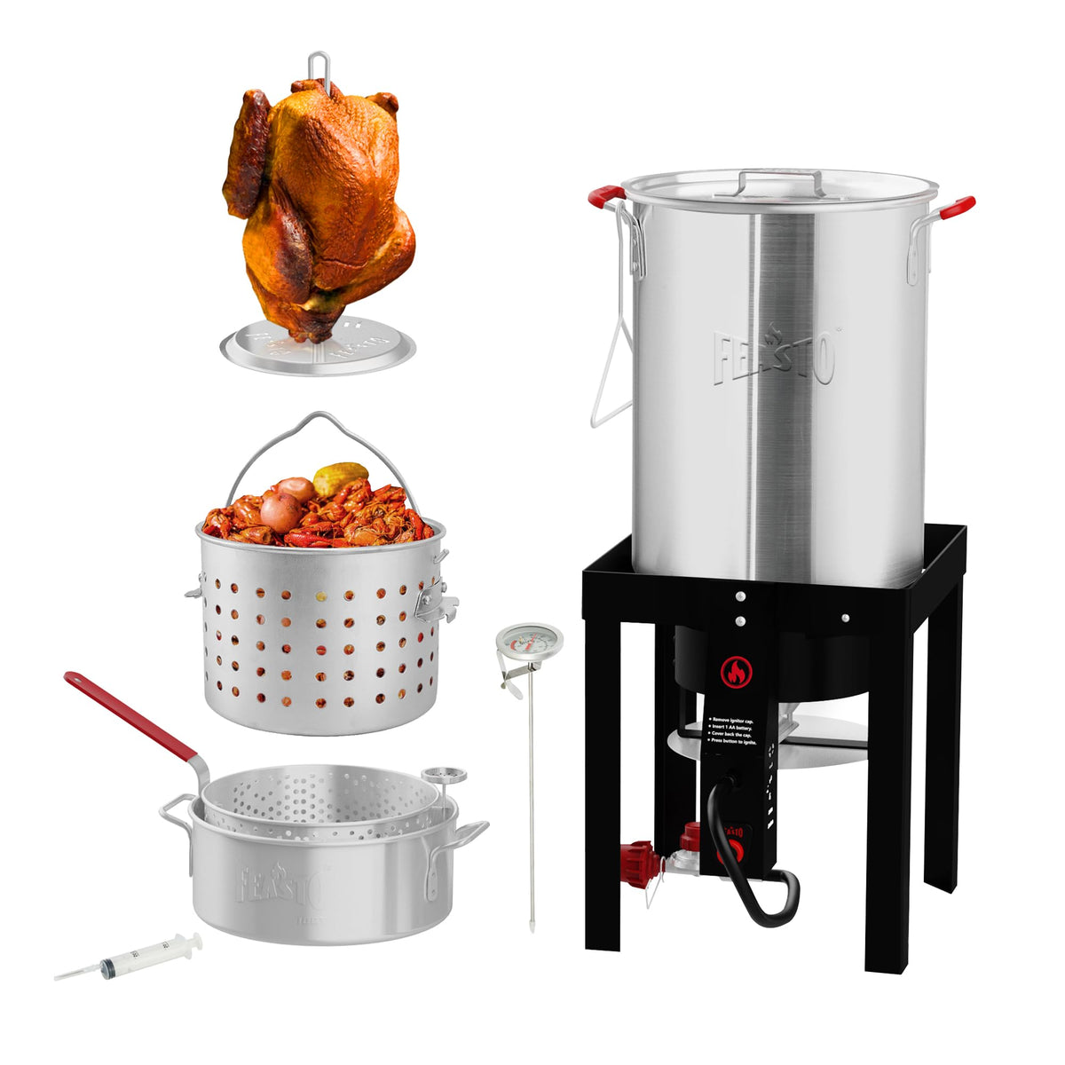 Feasto front view of 30-quart turkey fryer showing full kit and capacity benefits
