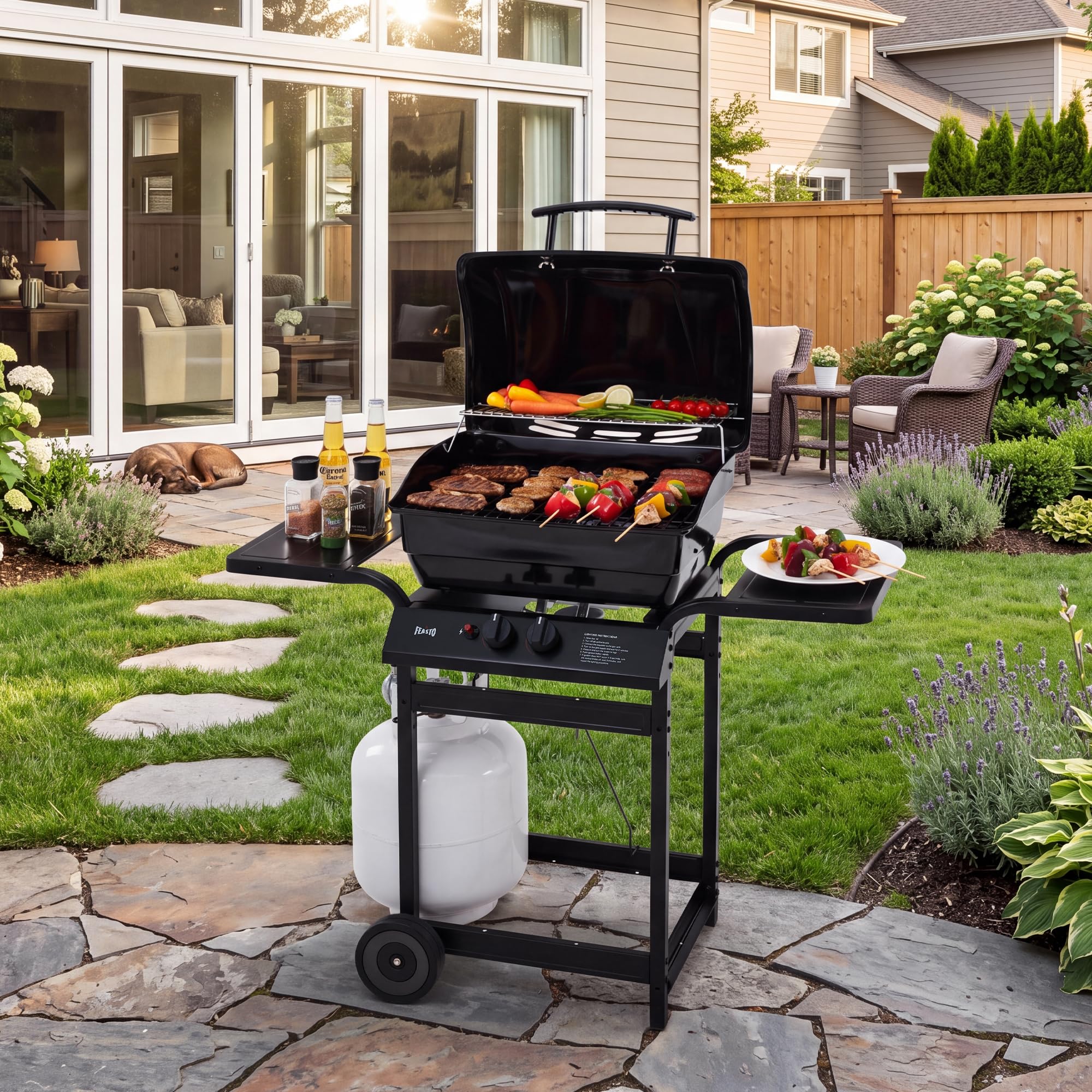 Feasto backyard lifestyle grill in use showing family-friendly outdoor cooking convenience