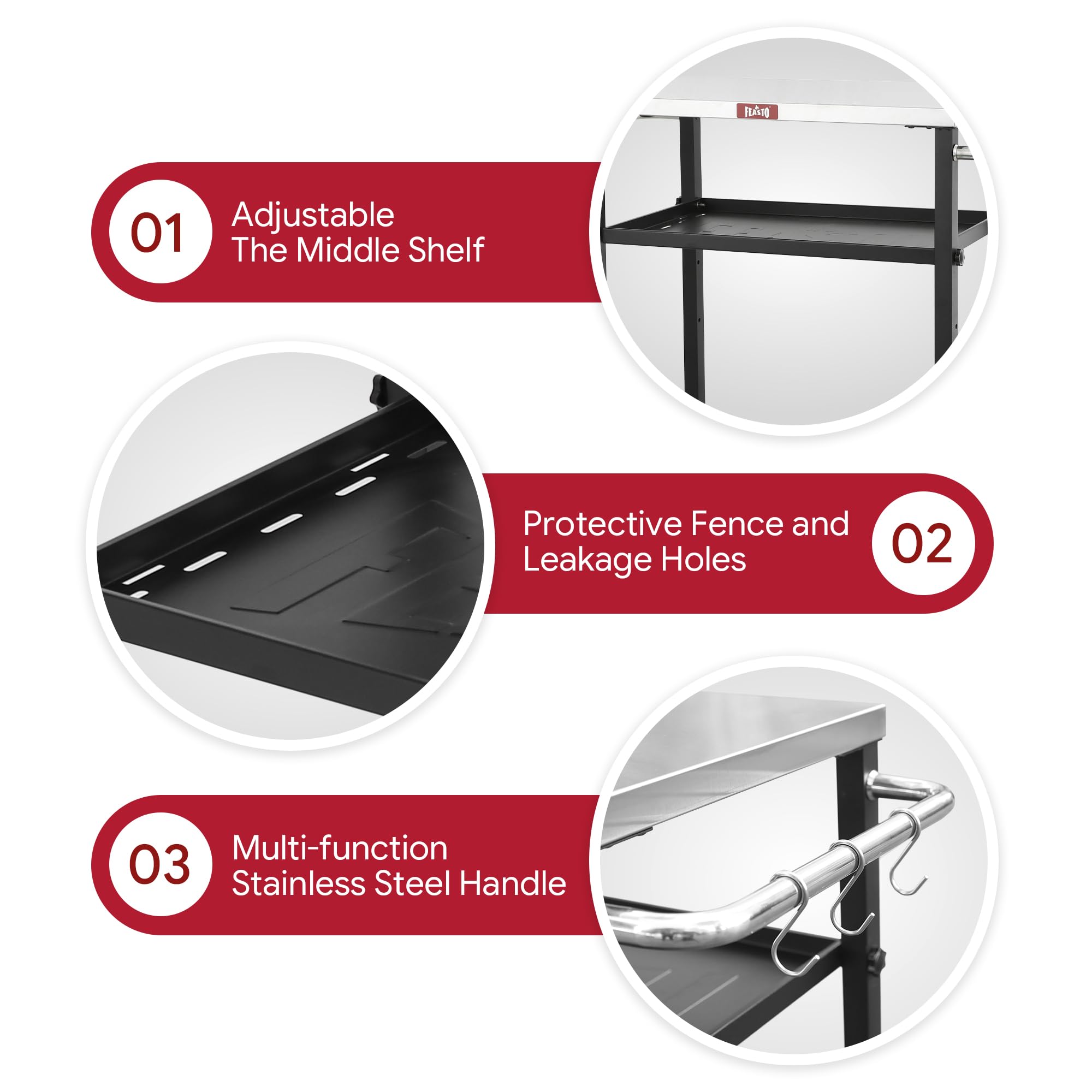 Feasto bottom shelf styled with storage bins for organized outdoor gear
