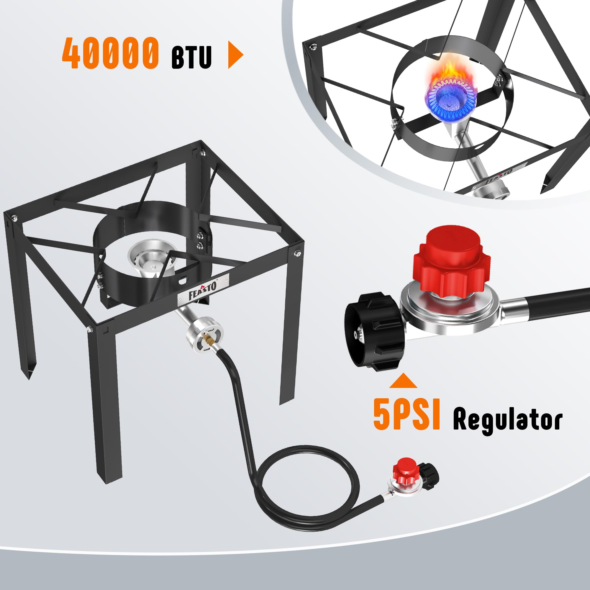 Feasto burner and 5 PSI regulator detail for steady propane heat