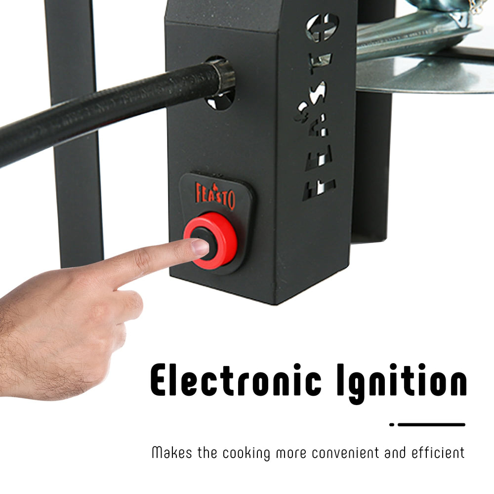 Feasto burner ignition button detail showing auto-ignition convenience