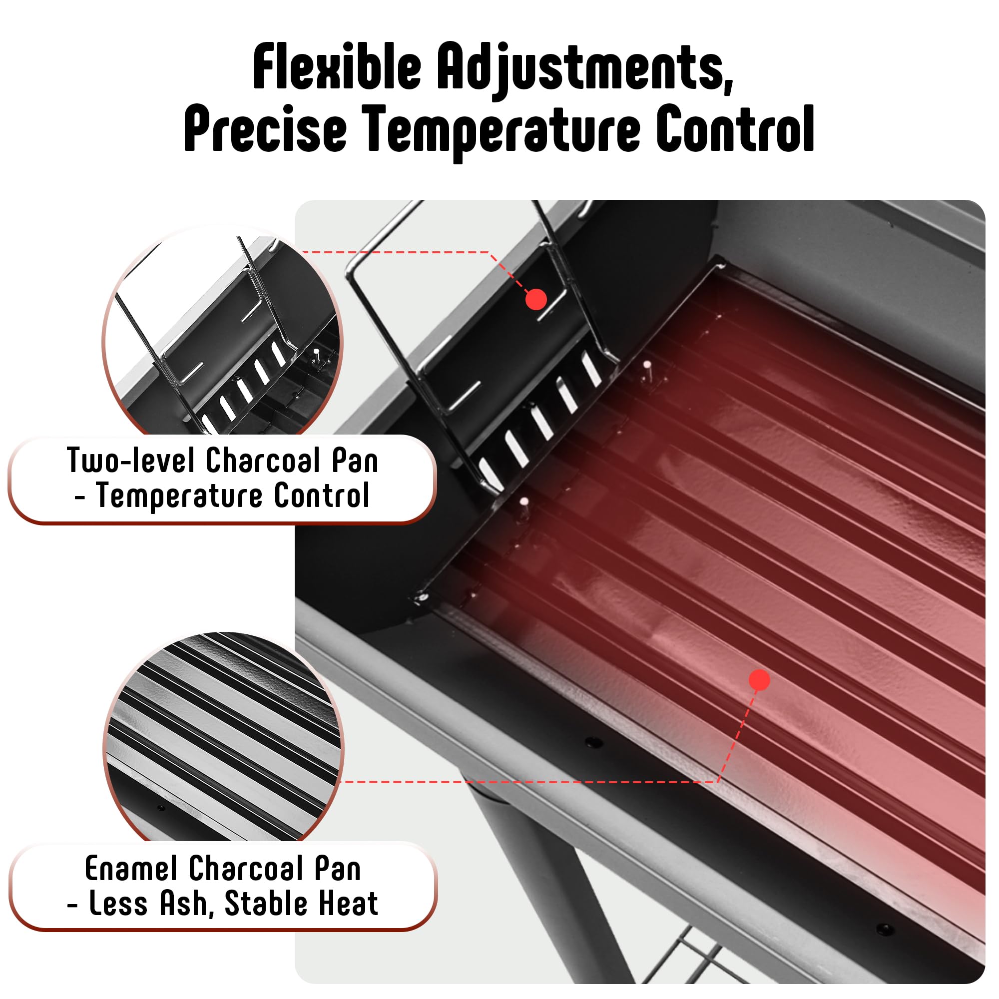 Feasto two-level charcoal pan view for flexible direct and indirect heat control