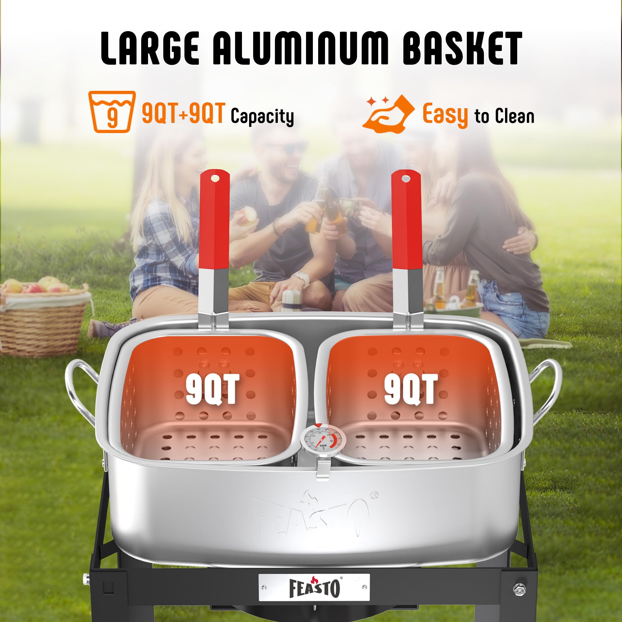 Feasto dual baskets hanging to drain for less oil mess