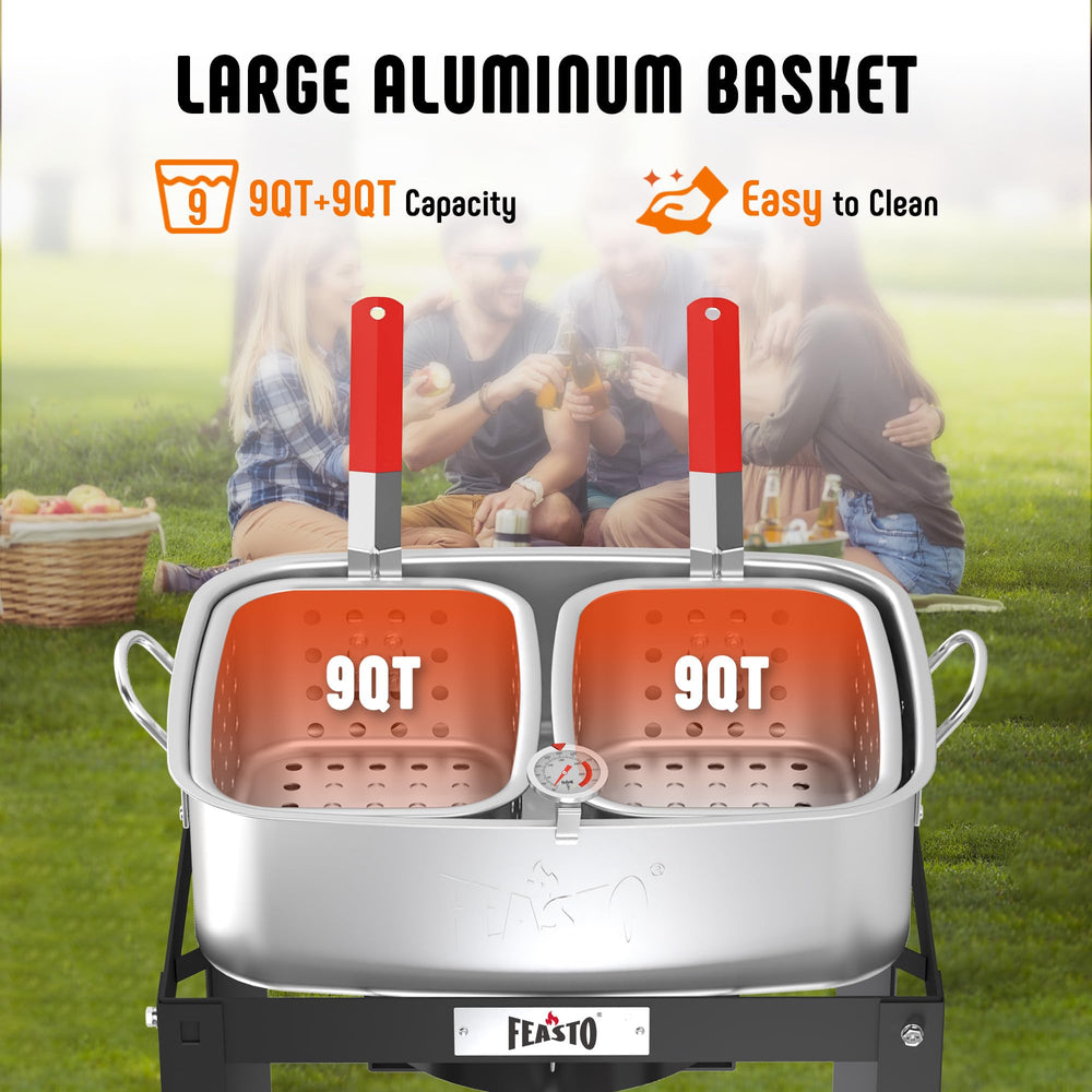 Feasto dual baskets hanging to drain for less oil mess