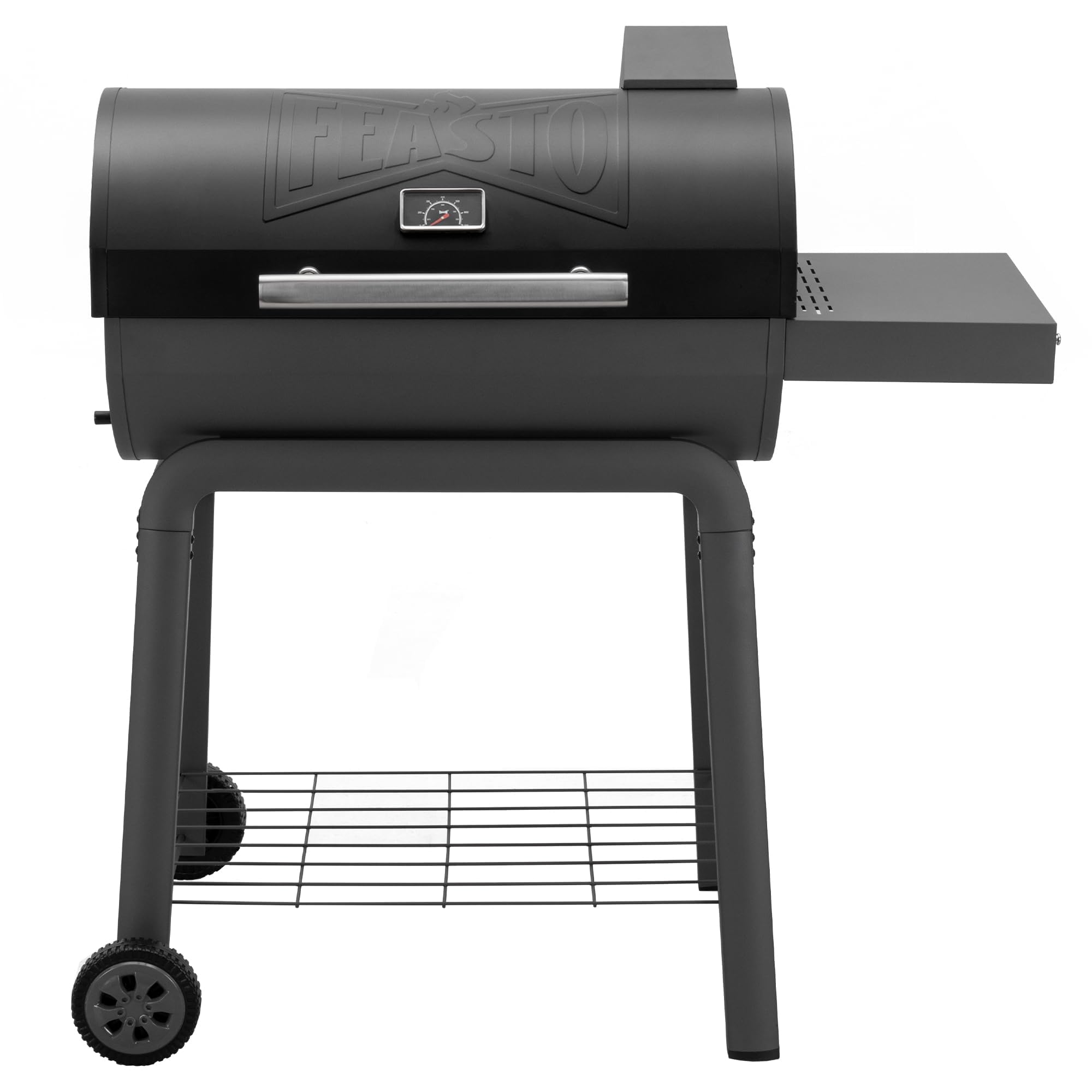 Feasto front view of 30-inch charcoal grill showing full cooking area and side table