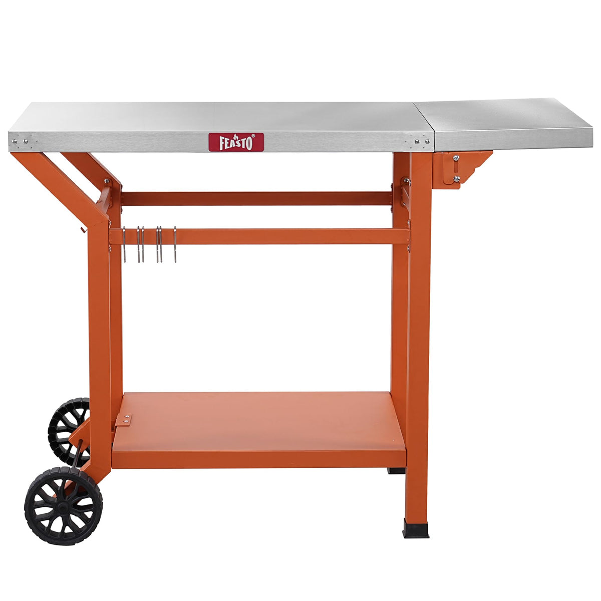 Feasto front view orange grill table shows compact prep station benefit