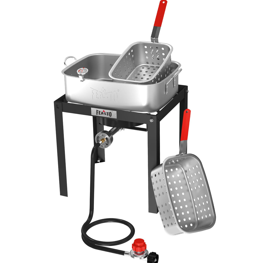 Feasto front view of pot and stand showing stable outdoor cooking