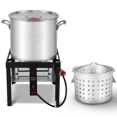 Feasto front view of full 80QT pot kit showing professional setup and fast boiling