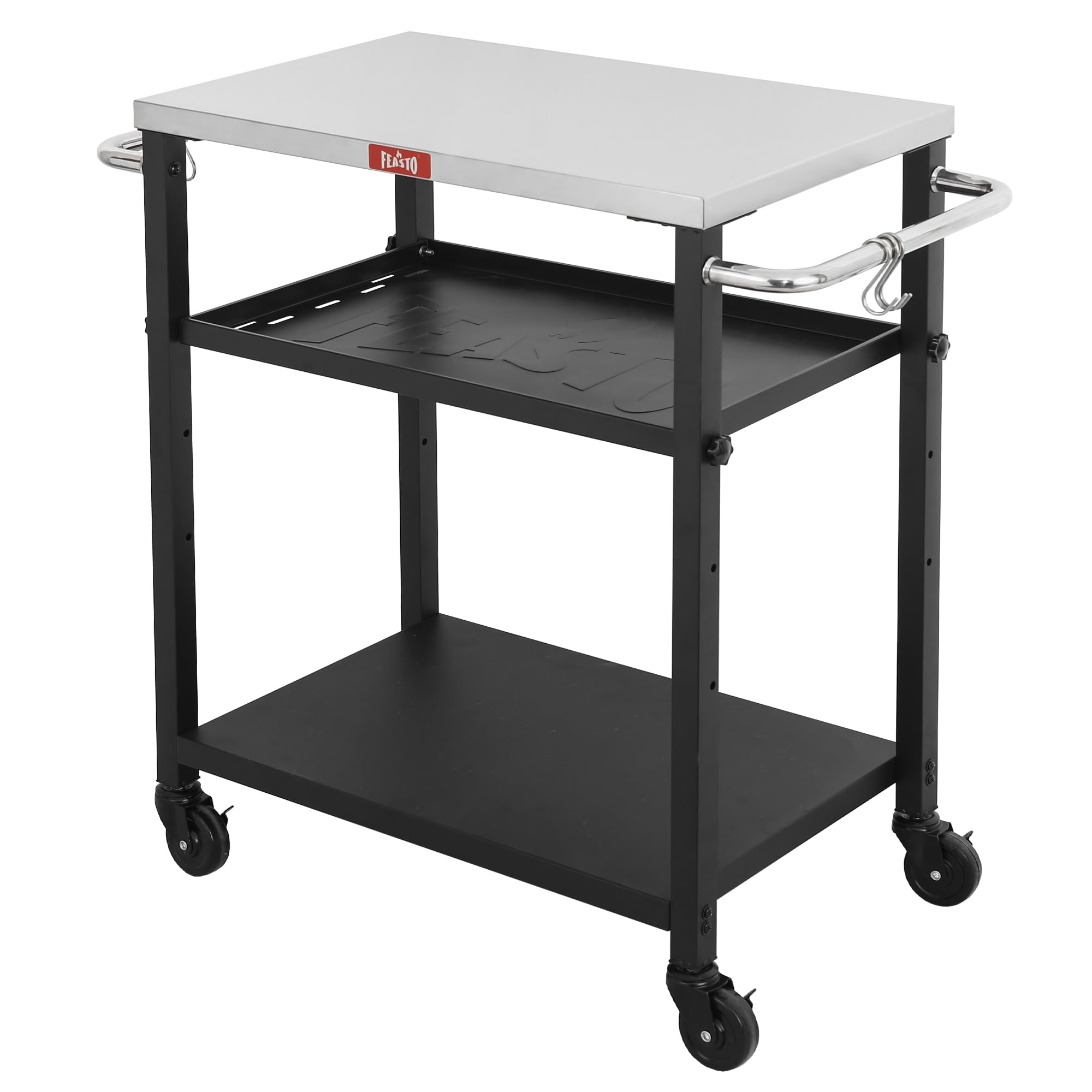 Feasto front view showing stainless top and sturdy frame for stable prep
