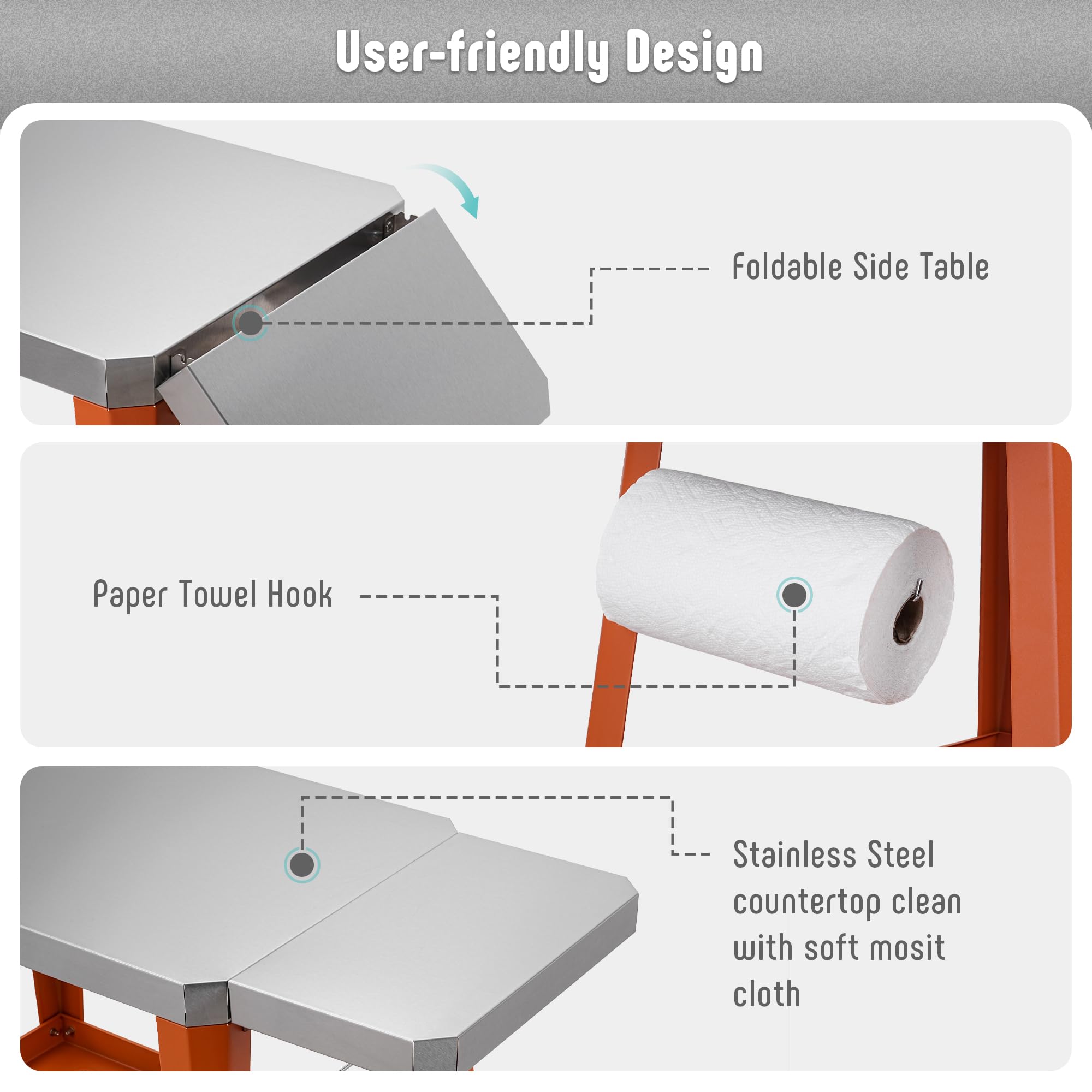 Feasto garbage and tissue holder detail showing organization benefit tidy cooking station
