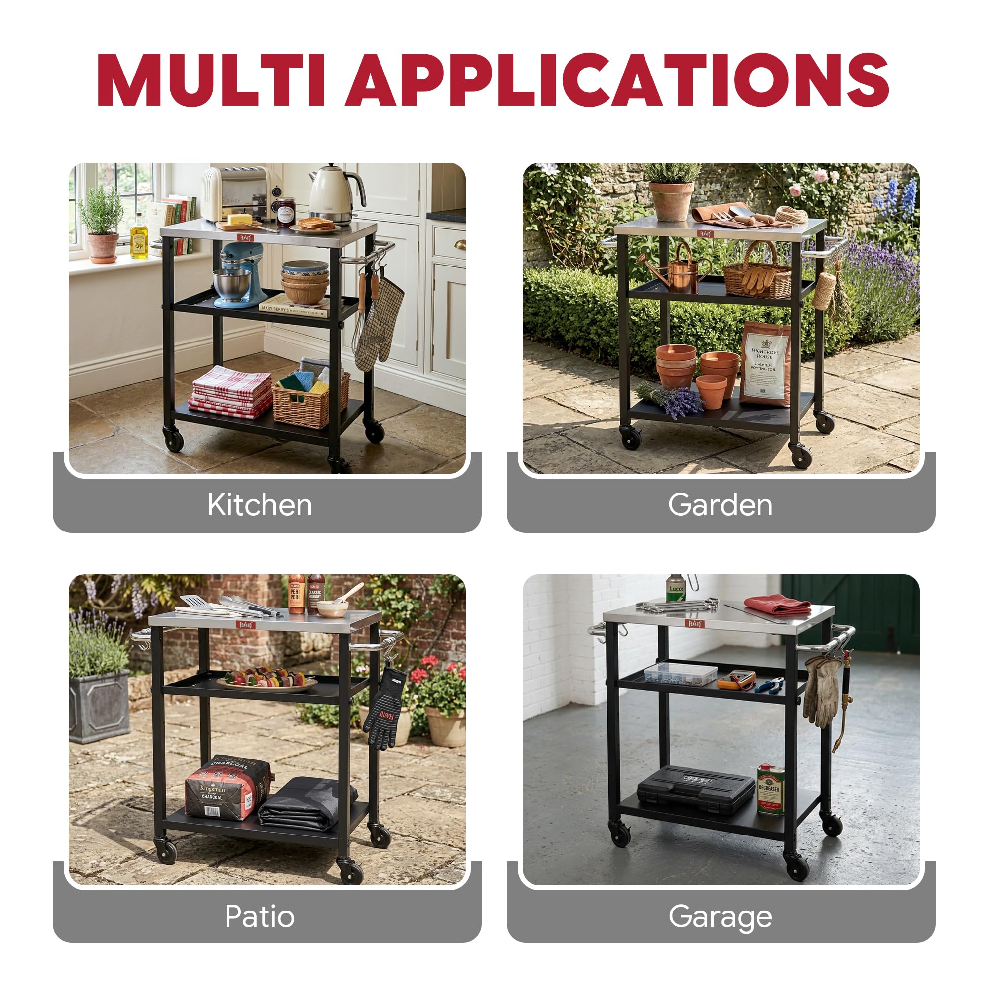 Feasto patio lifestyle with cart in use for serving and prep convenience