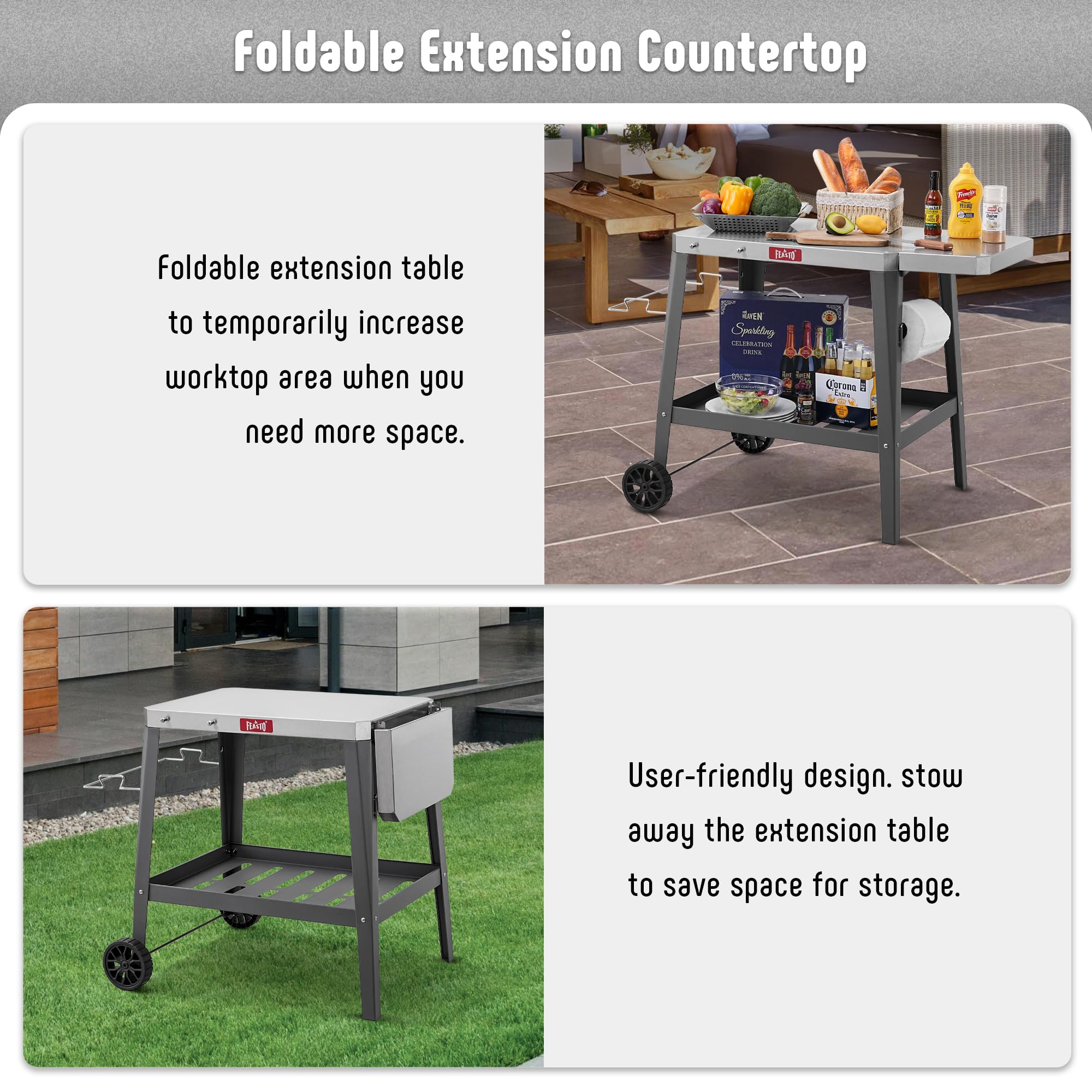 Feasto lower shelf storage with gear showing capacity benefit keeps supplies accessible