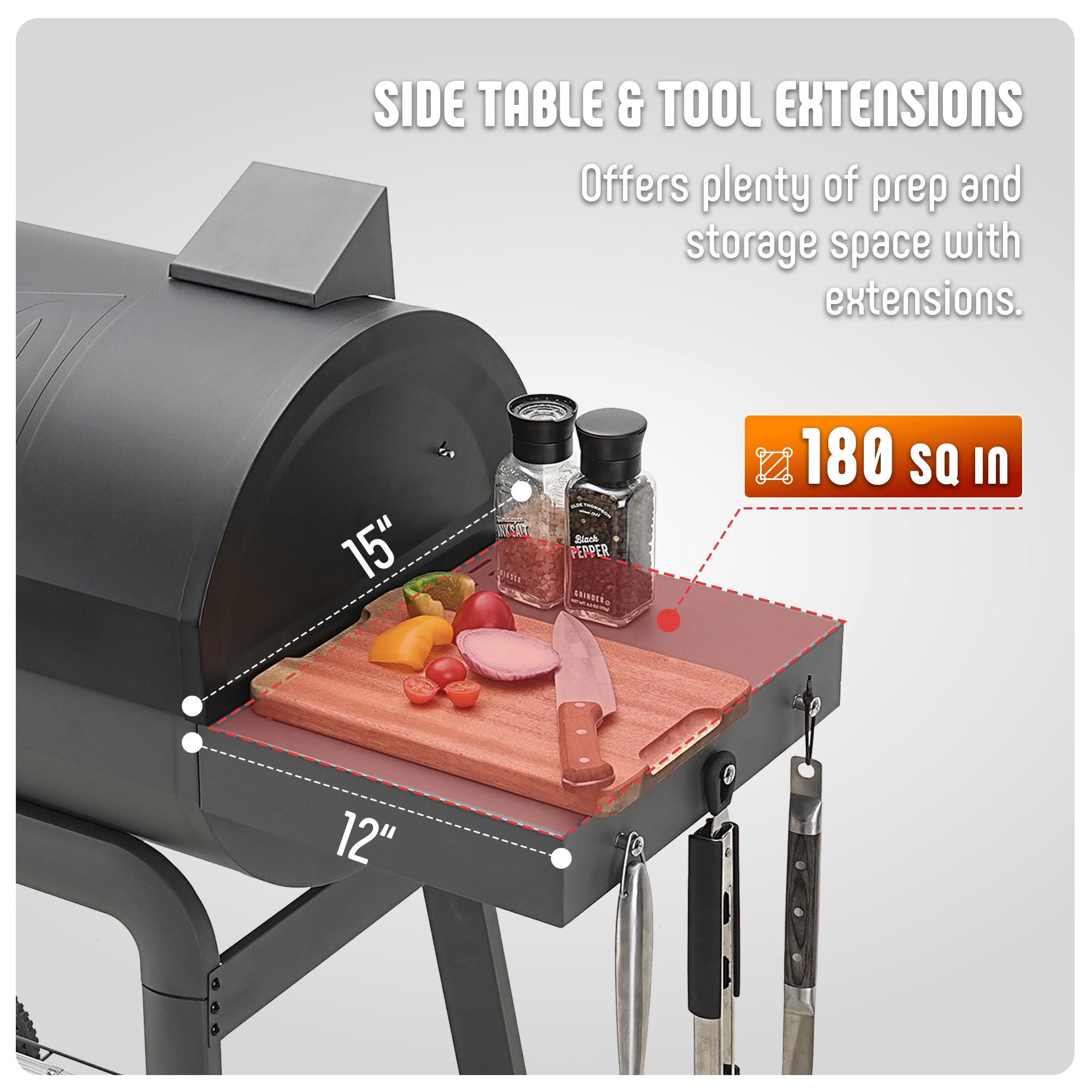 Feasto side table with tool hooks offering prep space and organized utensils