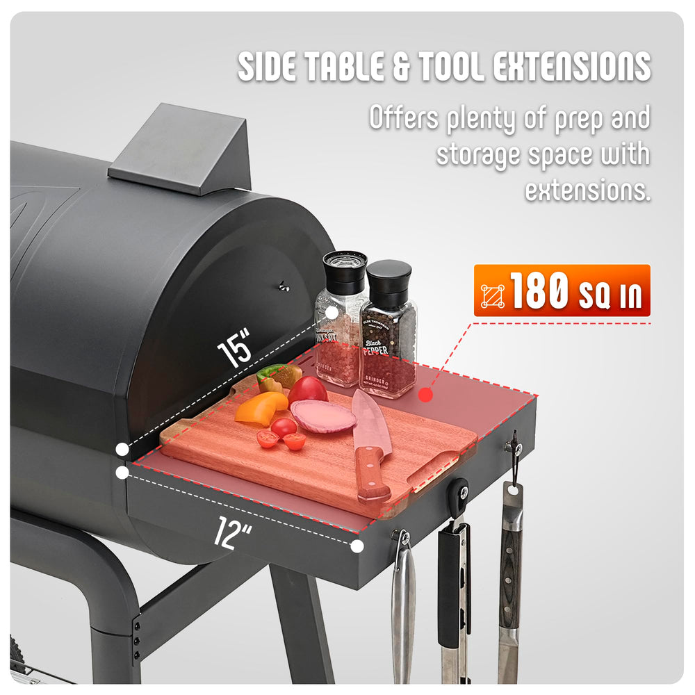 Feasto side table with tool hooks offering prep space and organized utensils