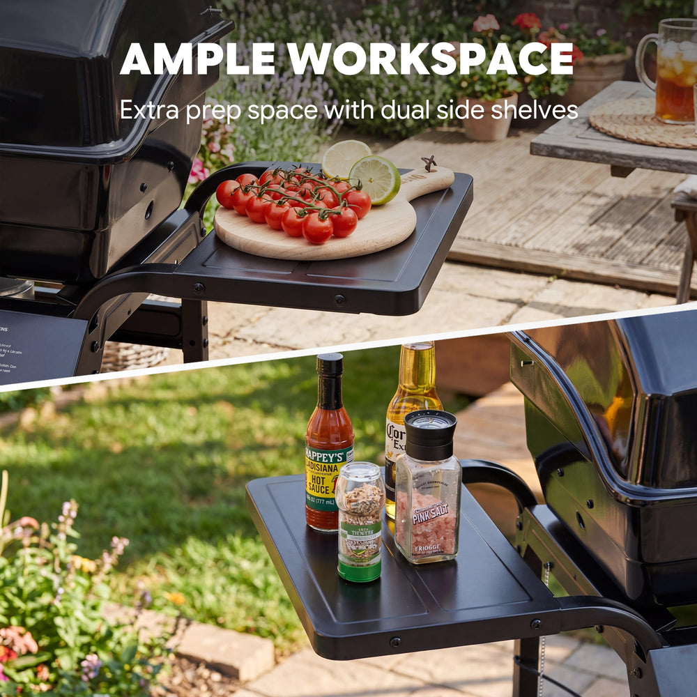 Feasto side tables and utensil storage showing convenient prep space during cooking