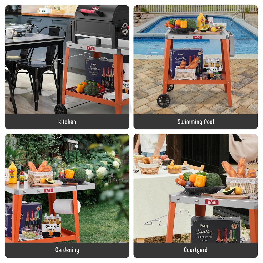 Feasto size and scale next to chair showing compact footprint benefit fits small patios