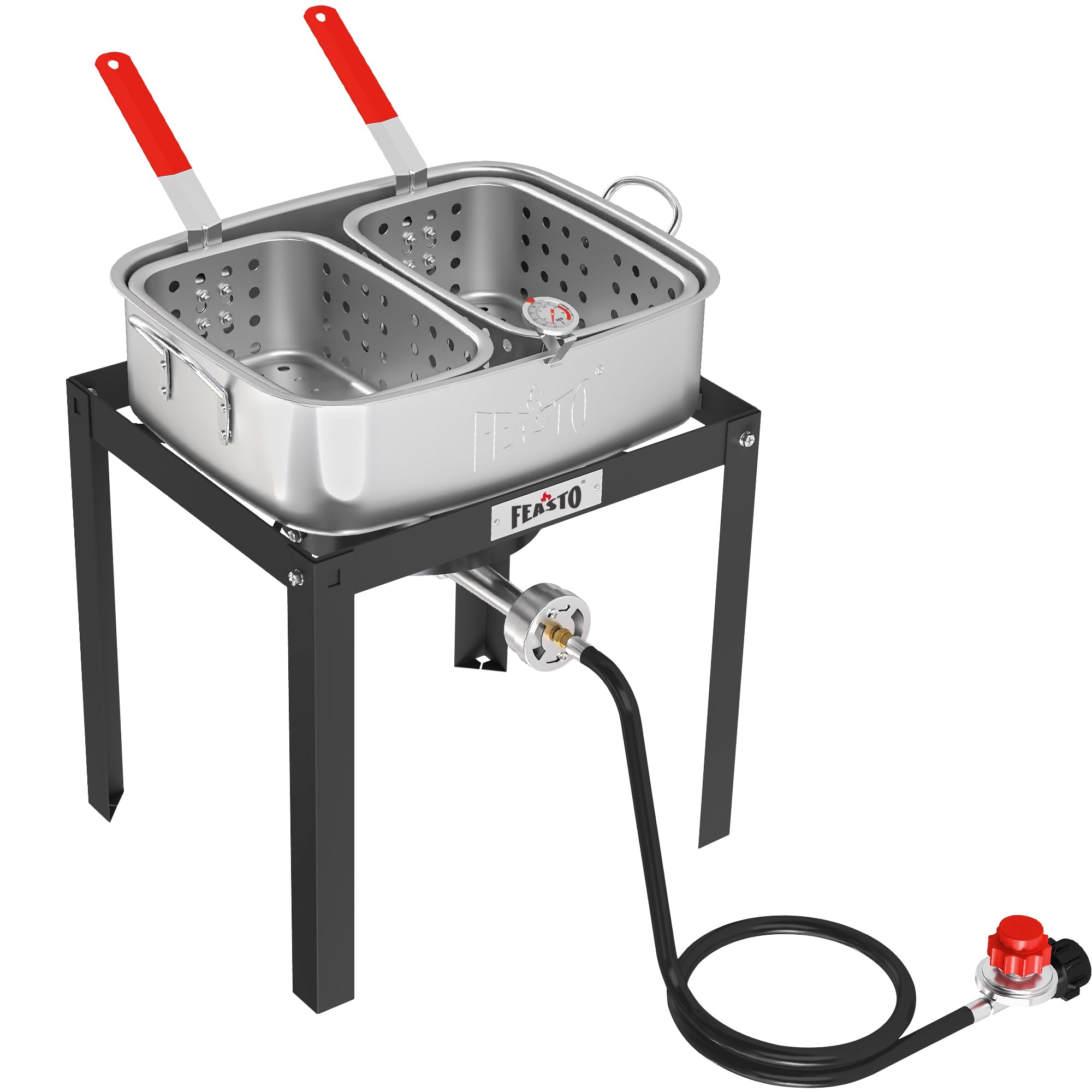 Feasto pot next to hand demonstrating 18 quart capacity scale