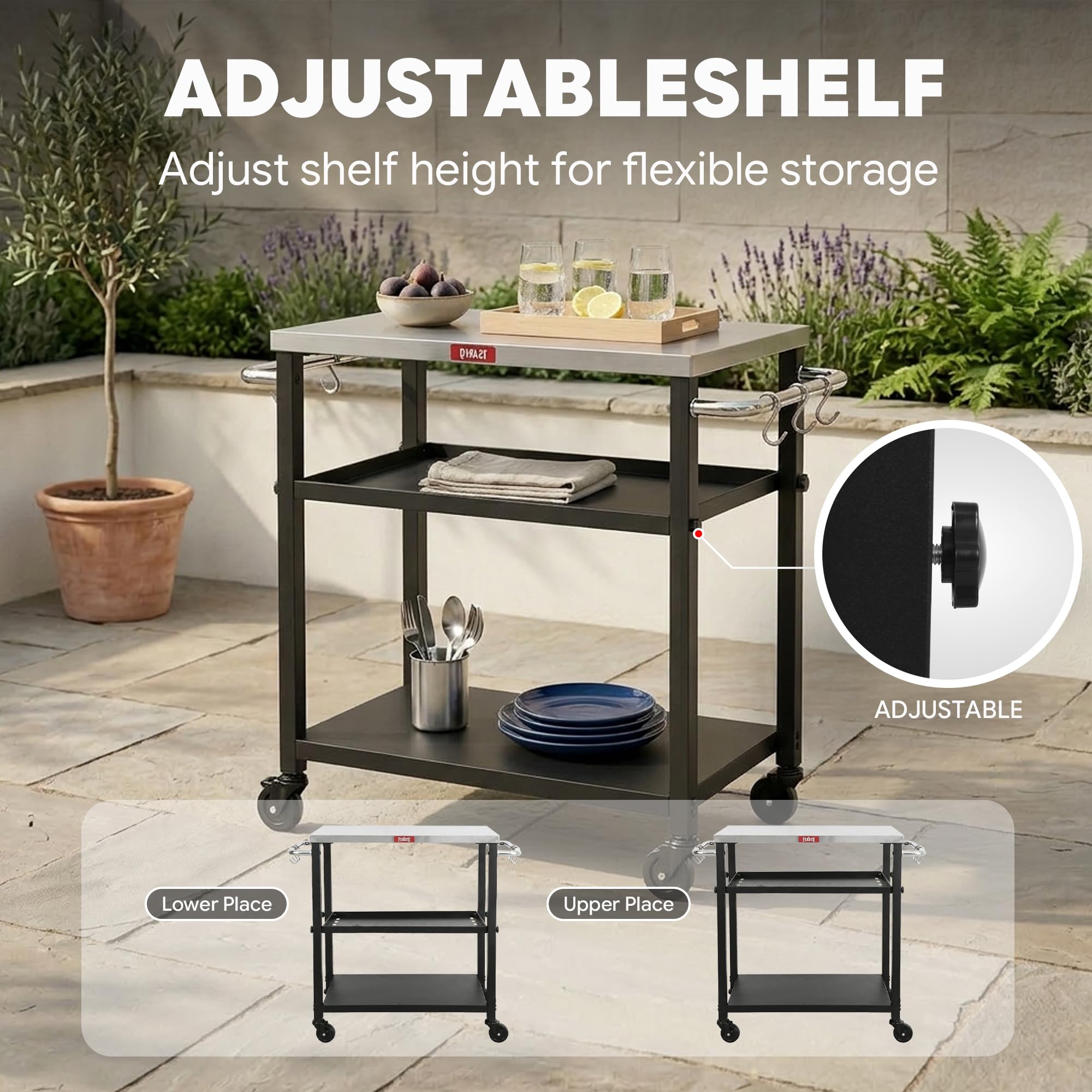 Feasto next to a pizza oven illustrating top size and appliance support