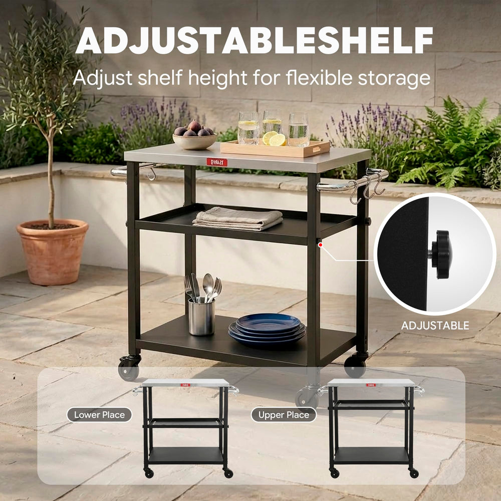 Feasto next to a pizza oven illustrating top size and appliance support