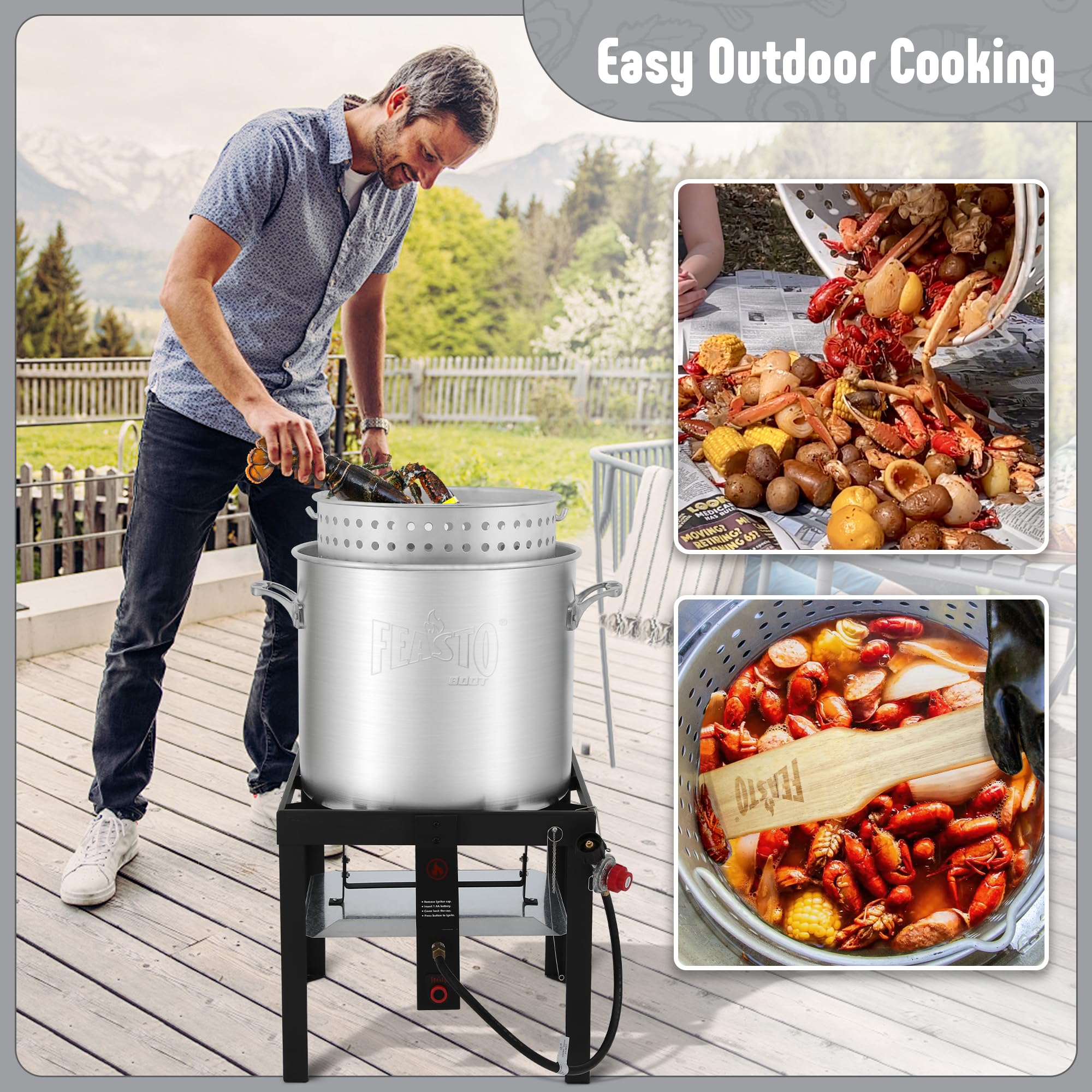 Feasto pot size scale with props showing 60QT capacity for meal planning