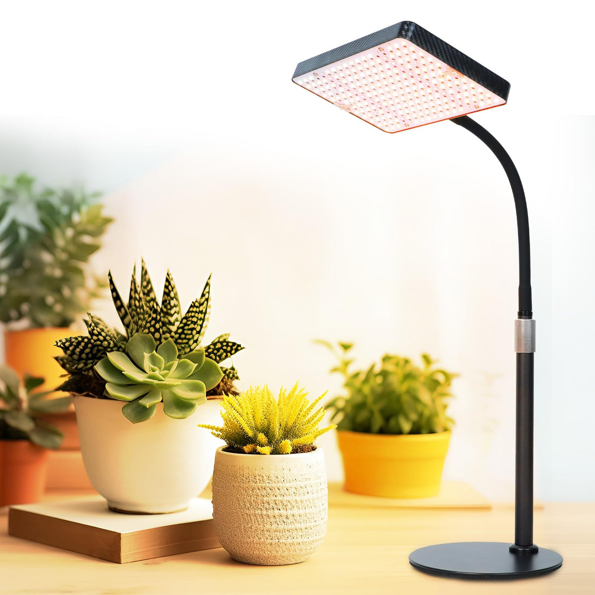 FECiDA front view of desk grow light showing sleek panel and stable base providing bright light