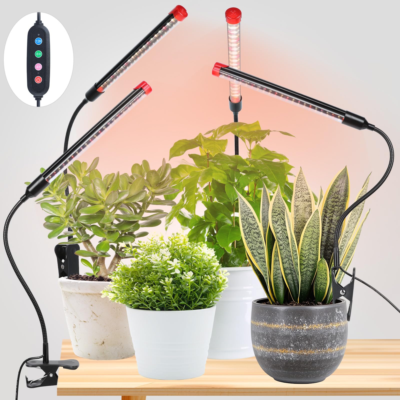 FECiDA front view of four clip-on grow lights showing compact pack and benefits