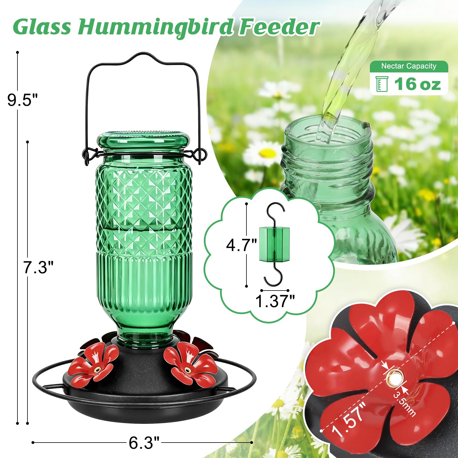 FEED GARDEN close-up of metal flower ports and perches, durable feeding access for hummingbirds
