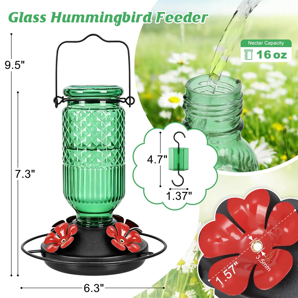 FEED GARDEN close-up of metal flower ports and perches, durable feeding access for hummingbirds