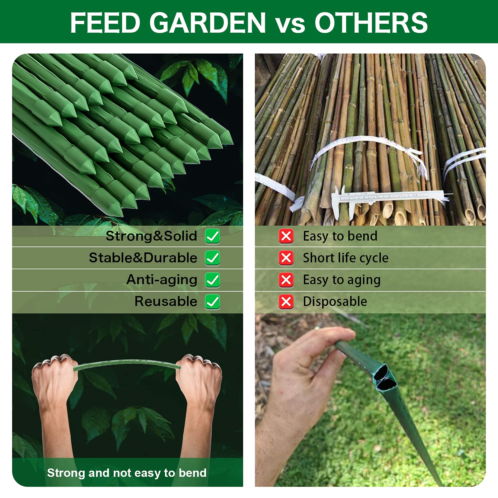 FEED GARDEN 24in stake supporting tomato plant shows tidy growth benefit