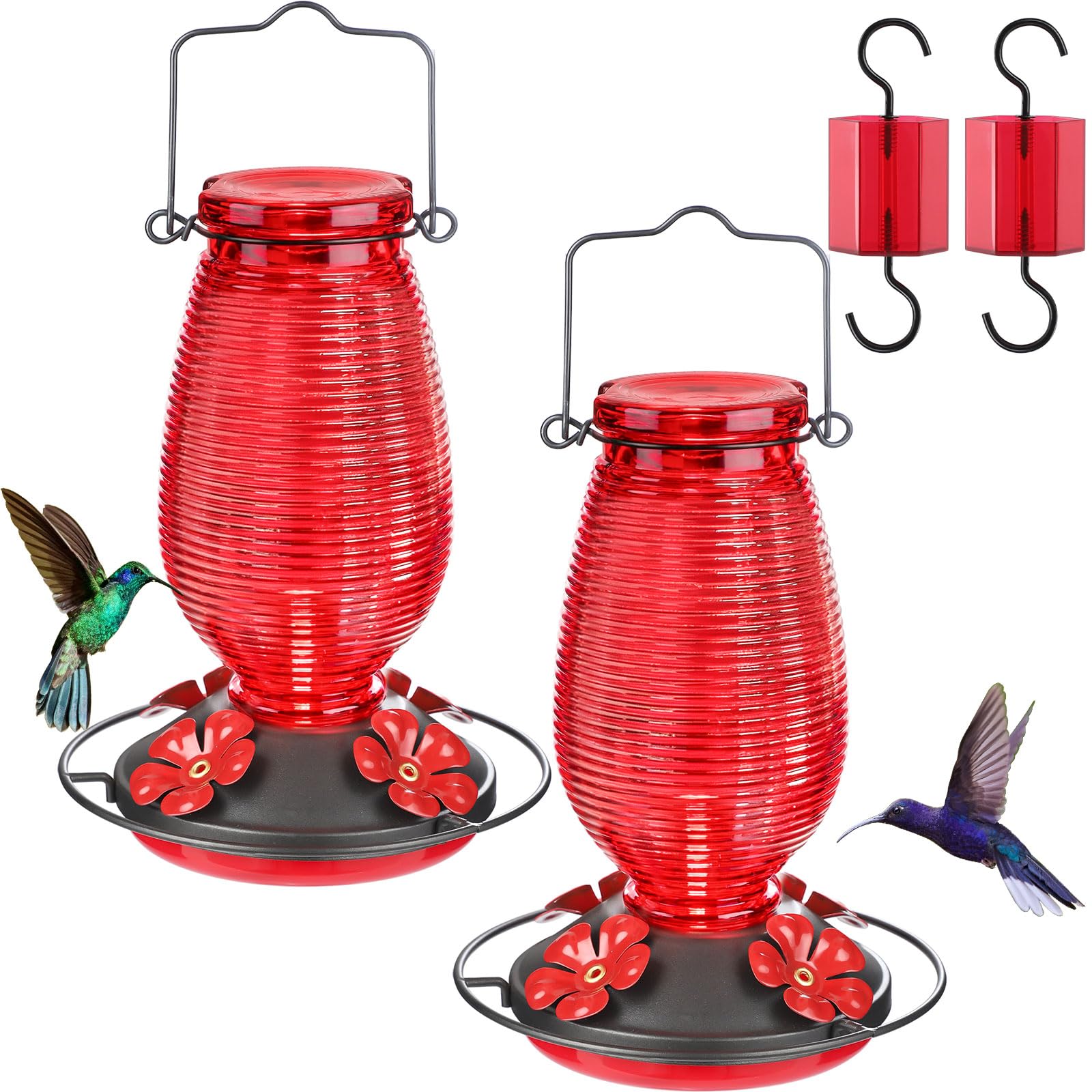 FEED GARDEN front view of red glass feeder showing full design and hanging hook