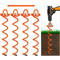 FEED GARDEN front view of 4-pack orange spiral ground anchors showing hardware and packed benefit