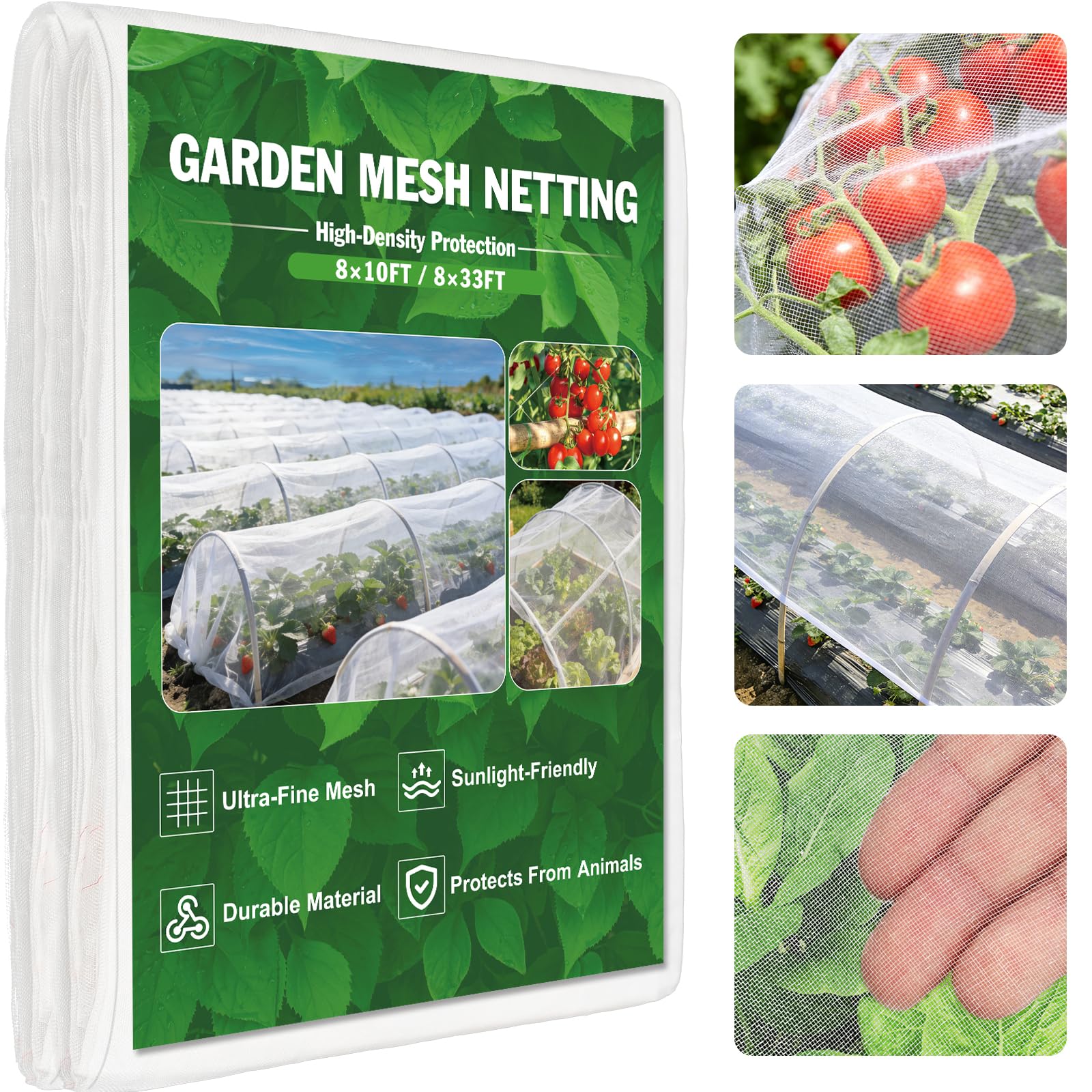FEED GARDEN front view of netting roll showing dimensions and durable cover benefit